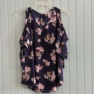 Sienna Sky Blue Pink Floral Cold Shoulder Blouse Size Large
